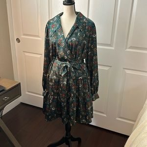 Emerald print belted dress